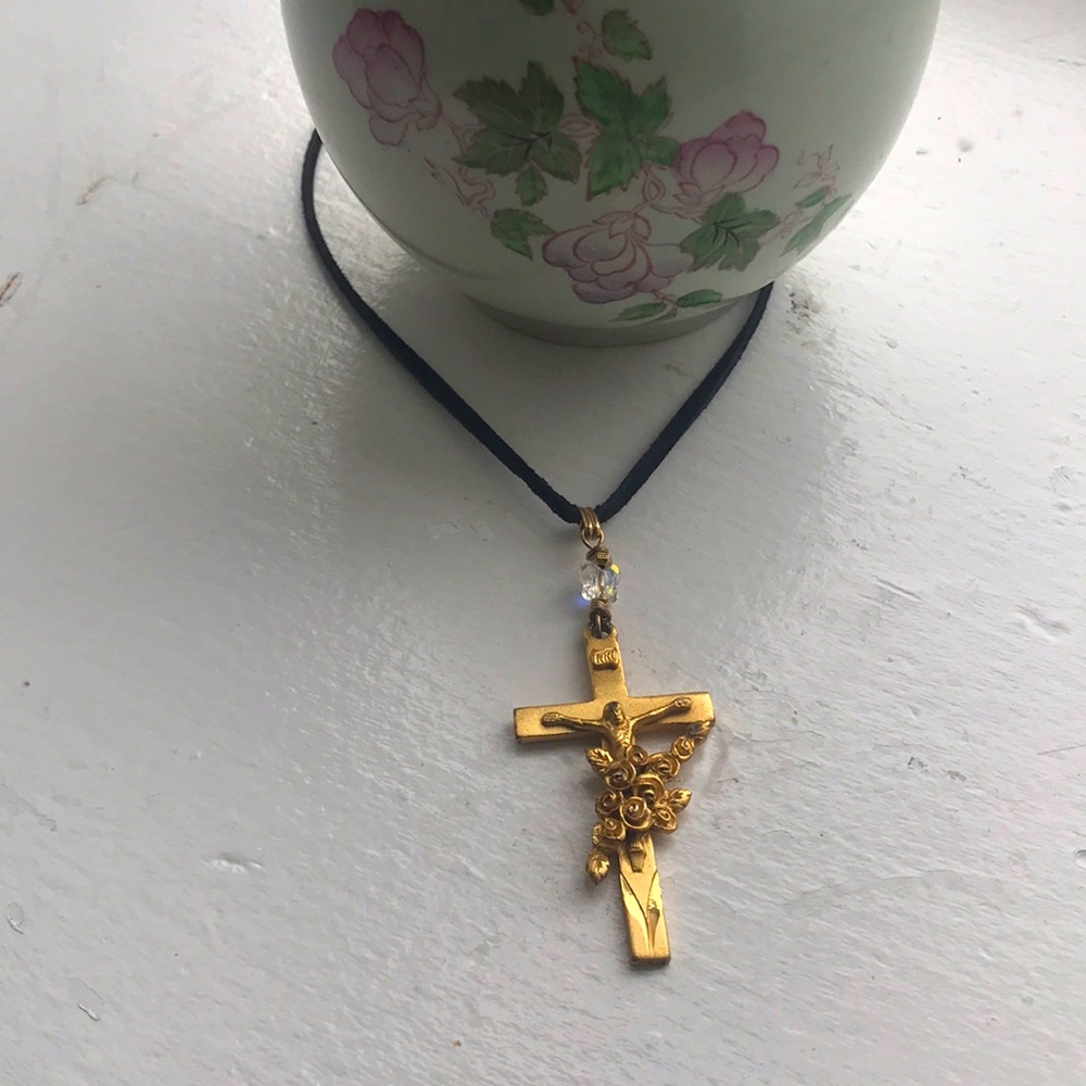 Vintage Gold Cross + Black Suede Choker Necklace